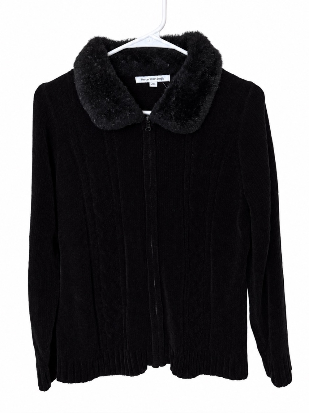 Mercer Street Studio Black Zip Up Sweater Jacket Medium Faux Fur Collar